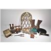 Image 1 : Selection of collectibles including chrome stove front, small porcelain insulators, pipe stand and h
