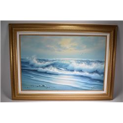 Framed oil on canvas painting of a white water shoreline, signed by artist 23" X 35"