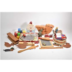 Selection of nursery items including wooden blocks, rolling pin, pencil box, Lego etc. plus two chil