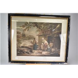 Antique coloured engraving "The Fisherman's Hut"