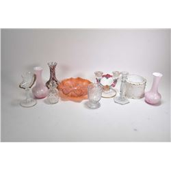 Selection of vintage and antique glass including Carnival bowl with peacock panels, cased glass vase