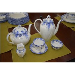 Royal Albert Dainty Blue china including teapot, coffee pot, open cream and sugar and one teacup and