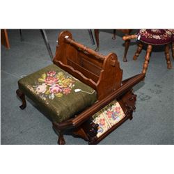 Needlepoint upholstered stool, an oak magazine rack and a wall sconce/shelf with inset tiles