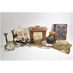 Tray lot of vintage collectibles including quartz mantle clock, Westclox  America  alarm clock, work