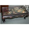 Image 1 : Oriental black lacquer table inset stone top featuring birds and trees etc. with glass top protector