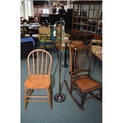Two vintage chairs including open arm rocker and side chair plus a vintage cast bridge lamp