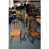 Image 1 : Two vintage chairs including open arm rocker and side chair plus a vintage cast bridge lamp