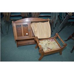 Small upholstered stool and an antique oak wall mount bathroom cabinet with stain glass door and cur