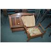 Image 1 : Small upholstered stool and an antique oak wall mount bathroom cabinet with stain glass door and cur
