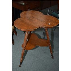 Antique quarter cut oak, two tier, three leg parlour table with twist supports, metal beaded edging 