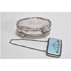 Sterling silver dresser box with the name Alice inscribed and a tiny purse style compact with engine