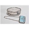 Image 1 : Sterling silver dresser box with the name Alice inscribed and a tiny purse style compact with engine