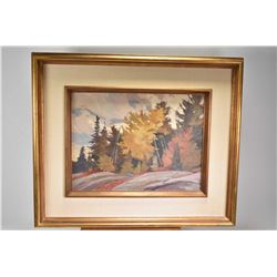 Framed acrylic on massonite painting titled on verso "Rocks & Trees, North-western Ontario" by artis