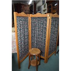 Modern oak framed fabric lined three panel room divider and a small oak plant stand
