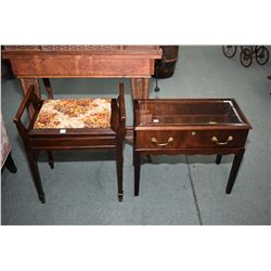 Vintage organ bench with upholstered seat and lift lid storage plus a small display vitrine