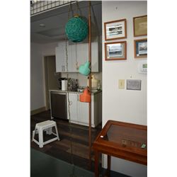 Two mid century modern lamps including spaghetti string hanging ceiling swag and a three branch pole