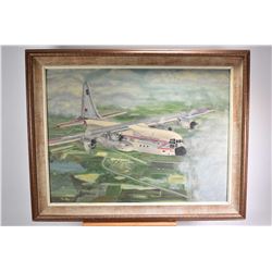 Framed acrylic on board painting of a Royal Canadian Air force airplane in flight by artist J. Findl