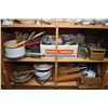 Image 1 : Two shelves of collectibles of primitive kitchenware including enamel, butter pats, rolling pins, bo