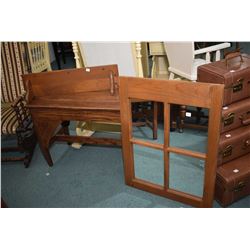 Mission style oak bench, a wall mount display shelf with galley and a mirror in simulated window fra