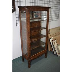 Antique painted oak Canadian single door curio cabinet with four shelves, mirrored back section and 