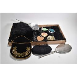 Tray lot of ladies collectibles including sterling silver brush and hand mirror, small compacts, pur