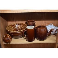 Shelf lot of stoneware including Denby, Medalta, Pearsons etc.