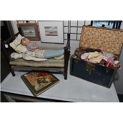 Vintage metal doll bed, a doll trunk with contents and a hard board illustrated "The Real Mother Goo