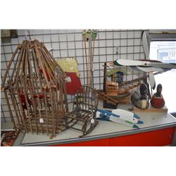 Selection of folk art including windmills, bird cage, doll's rocker, boat etc. plus and antique wood