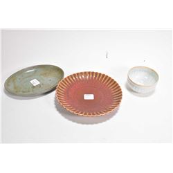 Three pieces of antique Oriental porcelain including creamy white strip wine cup, purportedly late 1