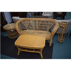 Selection of wicker furniture including two seat settee, side table, coffee table and plant stand