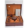 Image 1 : Wood cased set of purple clay teapot and six cups with collector's note