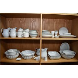 Two shelf lots of hotel stoneware and ironstone including plates, pitchers, bowls etc.