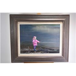 Framed oil on canvas painting of a little girl fishing, signed by artist M. J. Miller 2001, 12" X 16