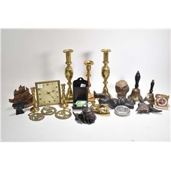 Tray lot of vintage collectibles including naked lady boot remover, wall mount match holder, inkwell