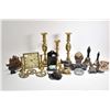 Image 1 : Tray lot of vintage collectibles including naked lady boot remover, wall mount match holder, inkwell