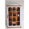 Image 1 : Wall mount display cabinet with selection of miniature irons, mostly vintage, a small adjustable wre