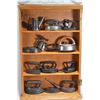 Image 2 : Wall mount display cabinet with selection of miniature irons, mostly vintage, a small adjustable wre