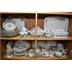 Two shelf lots of vintage brown transfer ware including plates, cups, serving dishes, platters Tunst