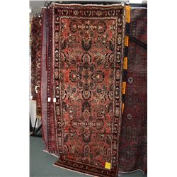 100% handmade Iranian Hamadan area carpet with overall geometric design, and highlights of reds, tau