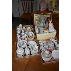 Selection of dolly items including tea services and dishes, plus a converted Starch trunk filled wit