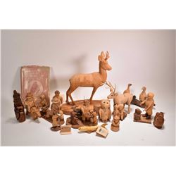 Selection of hand carved wooden figures including Pronghorn Antelope by artist Bill Litzenburger 14"