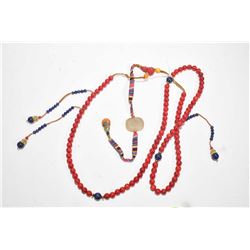 Oriental celadon jade pendant with lapis beads court necklace, 50" in length