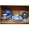 Image 1 : Shelf lot of collectibles including antique flow blue, cups and saucer, moustache cups, cheese keep,