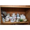 Image 2 : Shelf lot of collectibles including antique flow blue, cups and saucer, moustache cups, cheese keep,