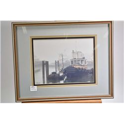 Three framed artworks including Cat photo, limited edition print and a tug boat titled Cates