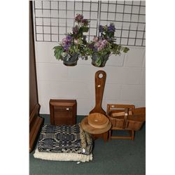 Selection of collectibles including wooden stool, apple basket, vintage handmade bed coverlet, vinta