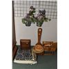 Image 1 : Selection of collectibles including wooden stool, apple basket, vintage handmade bed coverlet, vinta