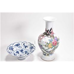 Famille rose "Charming Birds" scholar vase 10" in height and a blue and white "Blessing Fungus" funn