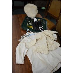 Selection of children's items including cotton and lace dress, rabbit fur hat, a hand knit sweater, 