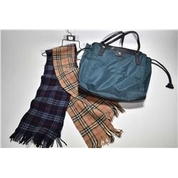 Burberry lined nylon zippered shopping bag and two Burberry wool scarves